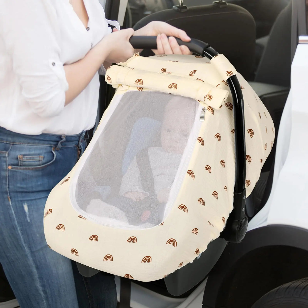 Muslin Car Seat Cover for Baby - Breathable and Privacy Car Seat Canopy with 3 Modes - Easy Install & Gift Box Packaging