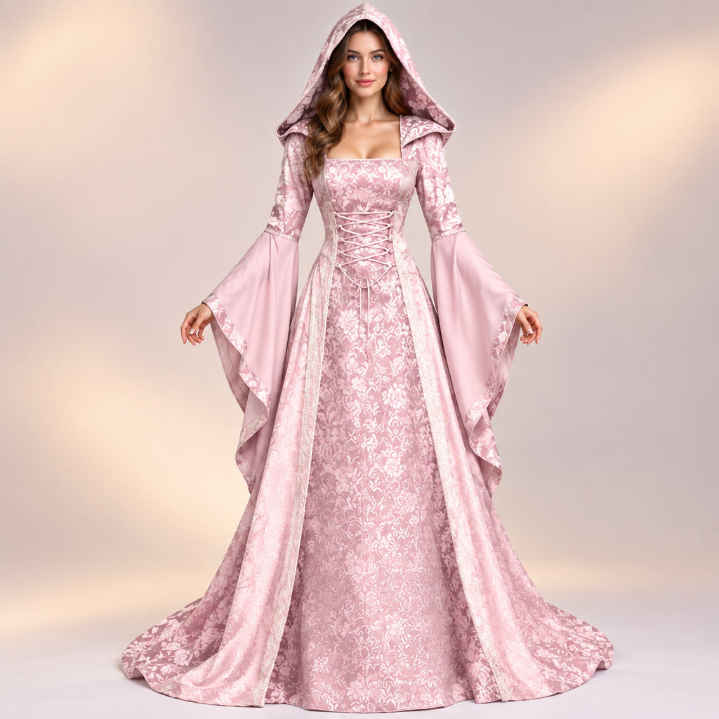 Halloween Cosplay Women's Luxury Witch Hooded Dress Costumes Retro Embroidered Renaissance Gothic Wedding Floor Length Dress