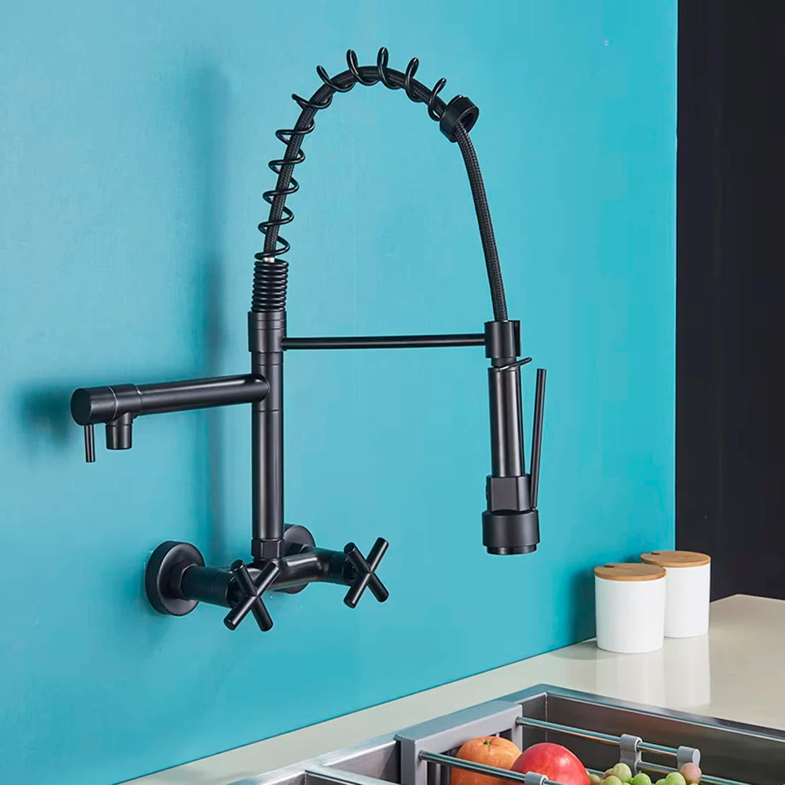 Matte Black Wall Mounted Kitchen Faucet Hot Cold Water Mixer Tap For Kitchen Pull Down Spray 360 Rotation Kitchen Mixer Taps