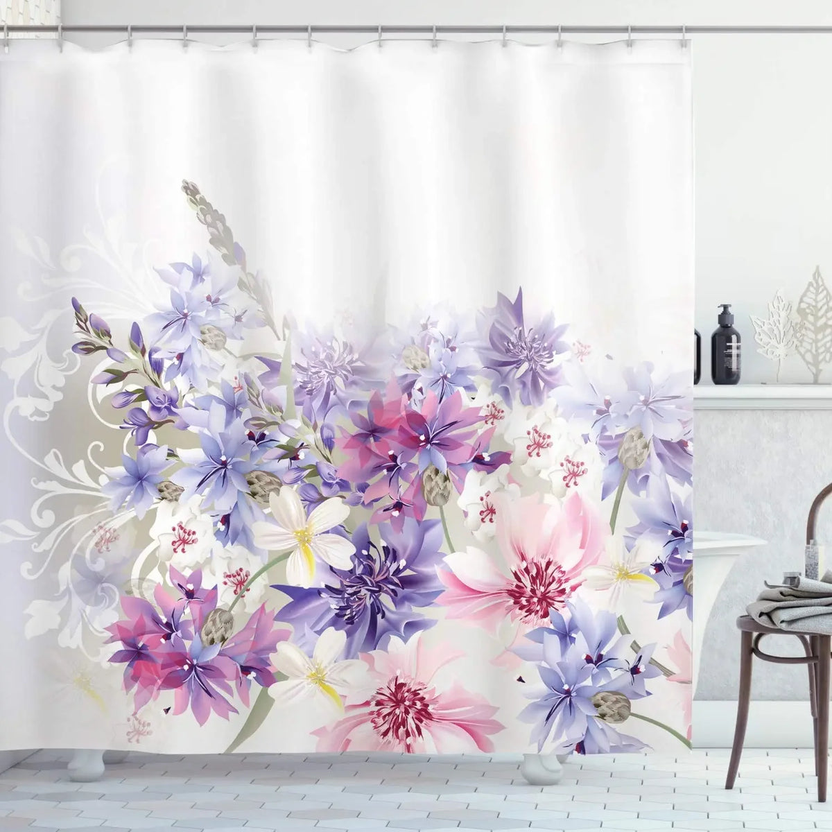 Rose Butterfly White Flower Shower Curtain Floral Print Waterproof Polyester Bathroom Curtain Fabric For Bathtub Decoration
