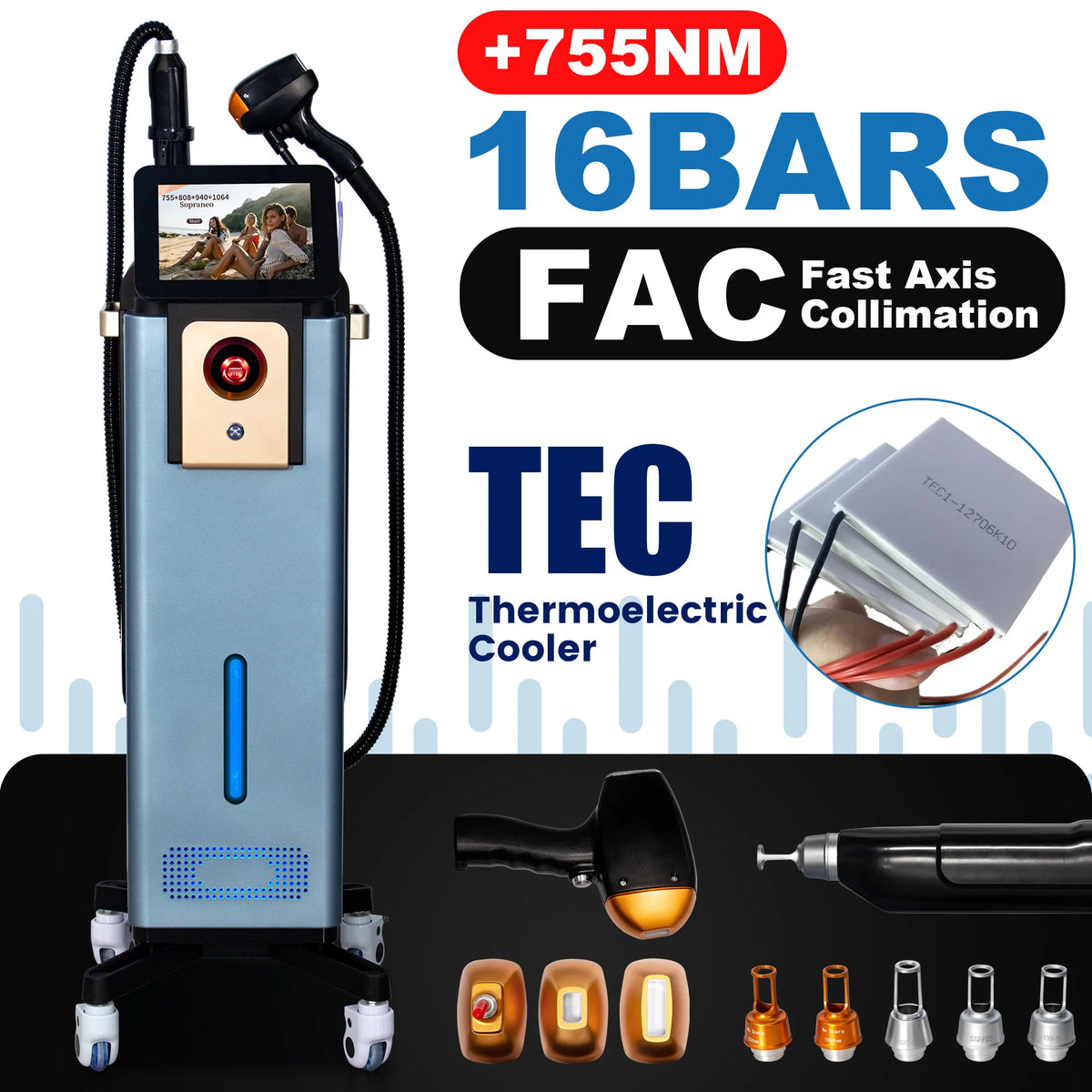 Diode Hair Removal 4 Wavelengths  Pico Tattoo Removal Machine  755nm  FAC Collimation Ice Cooling System Foldable Touch