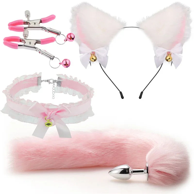 NEW 3pcs Halloween Party Cos Plush Animal Ear Animal Tail Suit Fox Ear Wolf Ear Headband Tail Accessories Cat Head Bell Collar