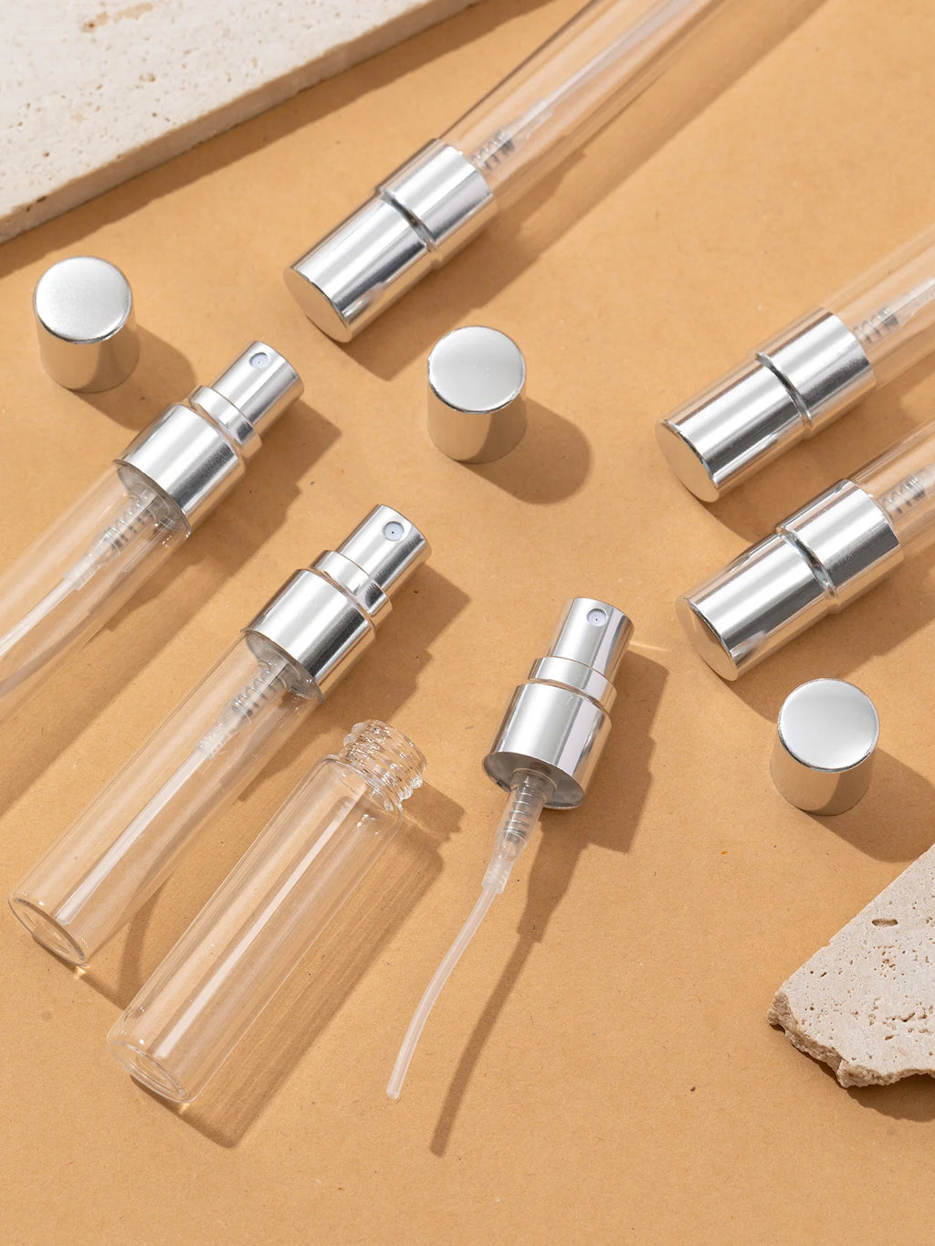 50pcs 5ml10ml Aluminum Half-Cover Spray Head Transparent Glass Perfume Bottle Spray Bottle Mini Travel Size Makeup Tools