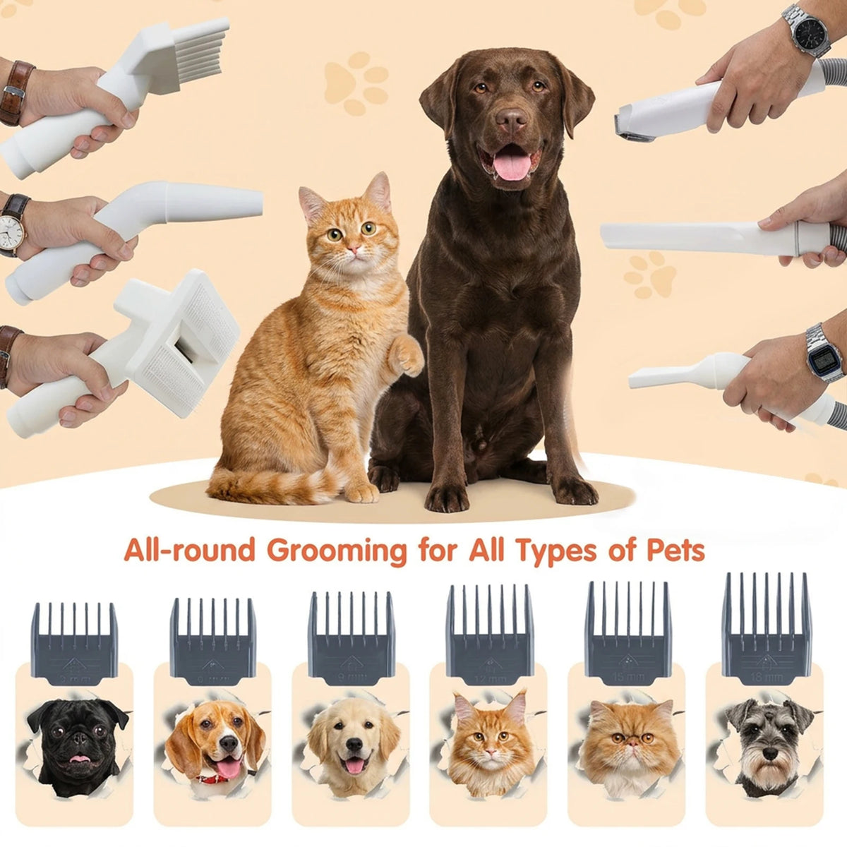 8 in1 Pet Grooming Vacuum&Dryer Kit 2.2L Dust Cup Multifunctional Pet Grooming Vacuum Kit 3-Speed Dog Hair Vacuum Cleaner with Suction,Low Noise Cat Dog Grooming Kit with Electric Clippers,Blow Dryer&15-Piece Tools
