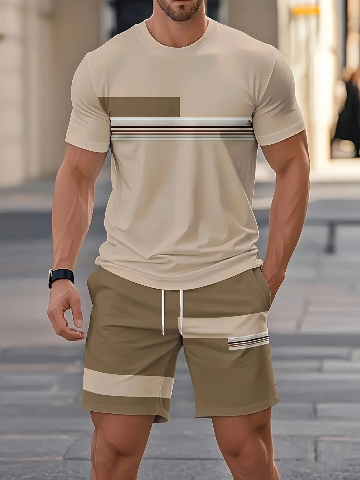 Summer New Arrival Men's Casual Two-Piece Set Striped Print Short-Sleeve Shirt and Athletic Shorts Set Men's Fitness Set
