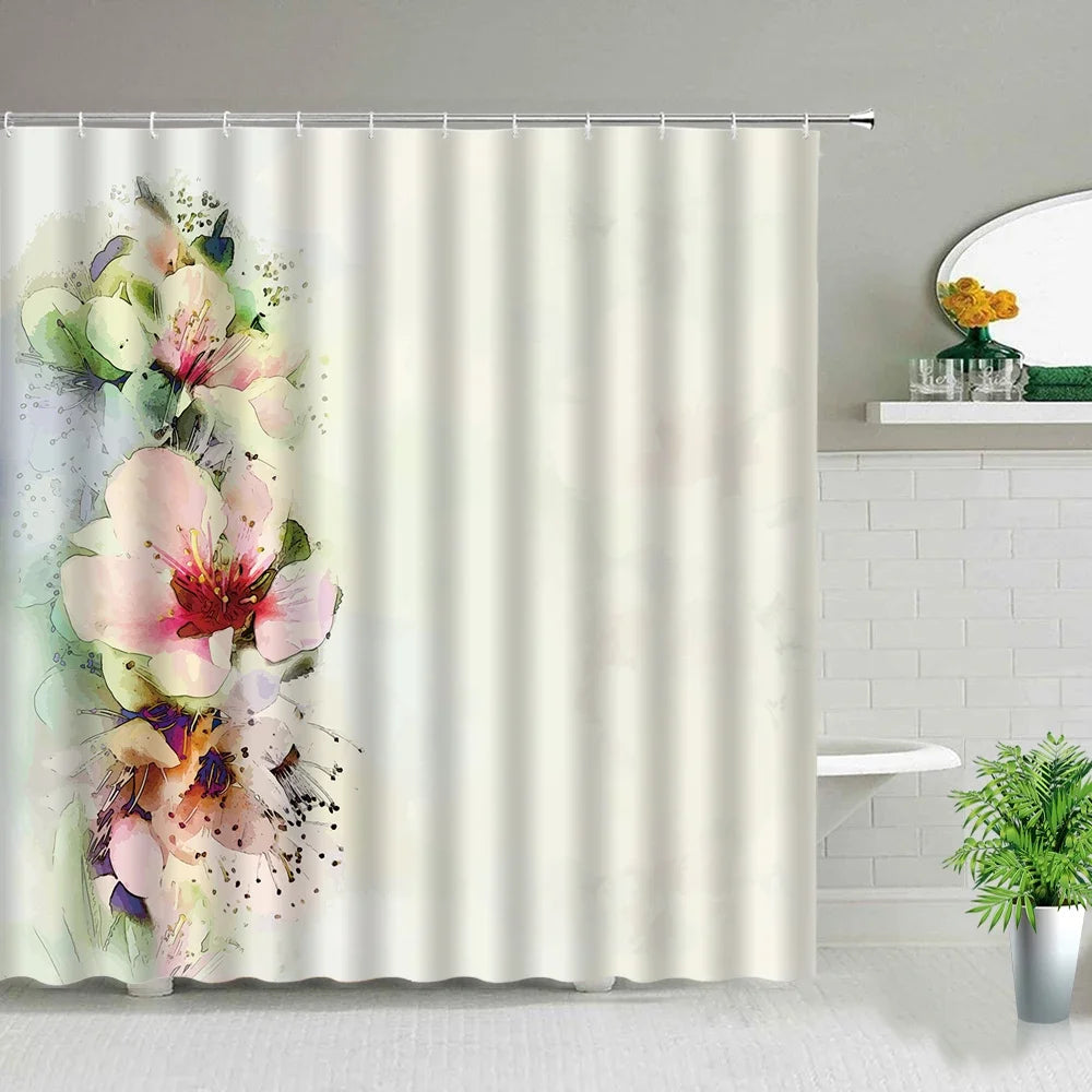 Rose Butterfly White Flower Shower Curtain Floral Print Waterproof Polyester Bathroom Curtain Fabric For Bathtub Decoration