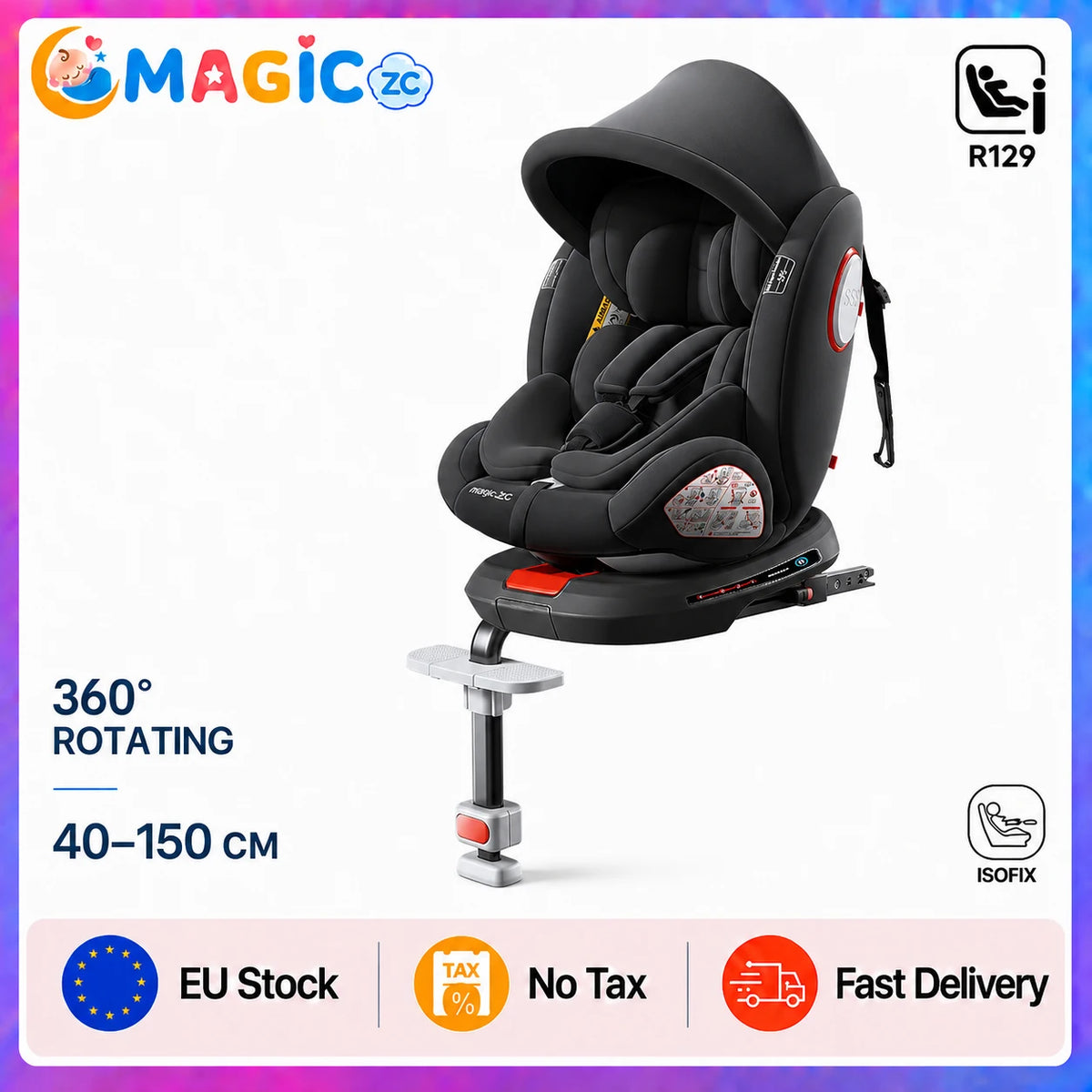 360° Swivel Baby Car Seat with Easy In-Out Rotation, ISOFIX, I-Size R129 Child Seat 40-150cm, 10-Position Headrest, 4 Recline Angles, Thick Padded Seat, Side Impact Protection, Rearward & Forward Facing for Infant, Toddler, and Kids