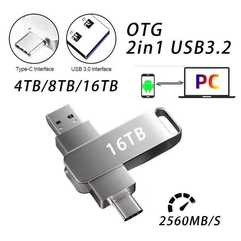 16TB Flash Drive USB 3.2 High Speed 2TB USB Transfer Type-C 2-In-1 8TB OTG Pendrive Waterproof Flash Drive For Computer Storage