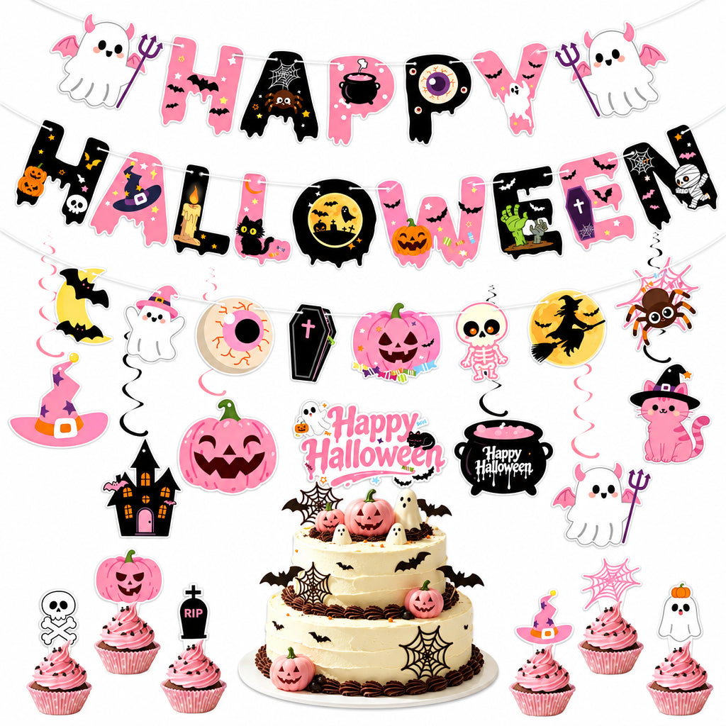 Halloween Party Decor Set Happy Pumpkin Banner Hanging Swirls Cake Topper Witch Ghost Castle Home Halloween Ornaments Supplies