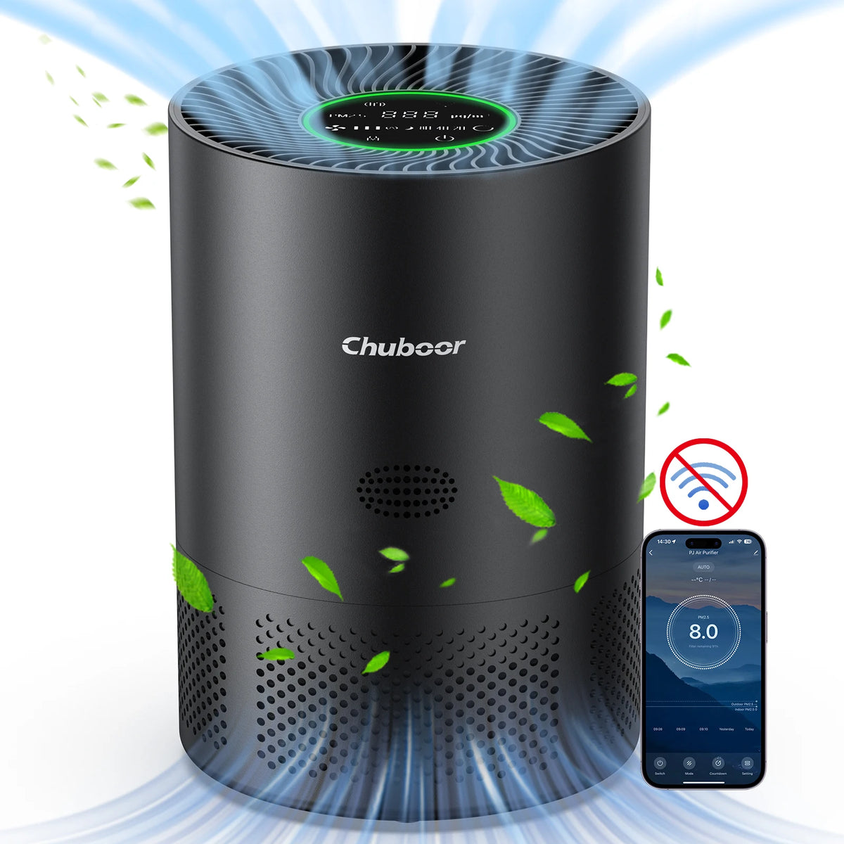 Chuboor Air Purifier for home with H13 true HEPA, PM2.5 detection, Removes Dust Smoke Pet Dander Odor, CADR 185m³/h, suitable for 30-40㎡, washable filter, super quiet, air cleaner for kitchen, office, or bedroom