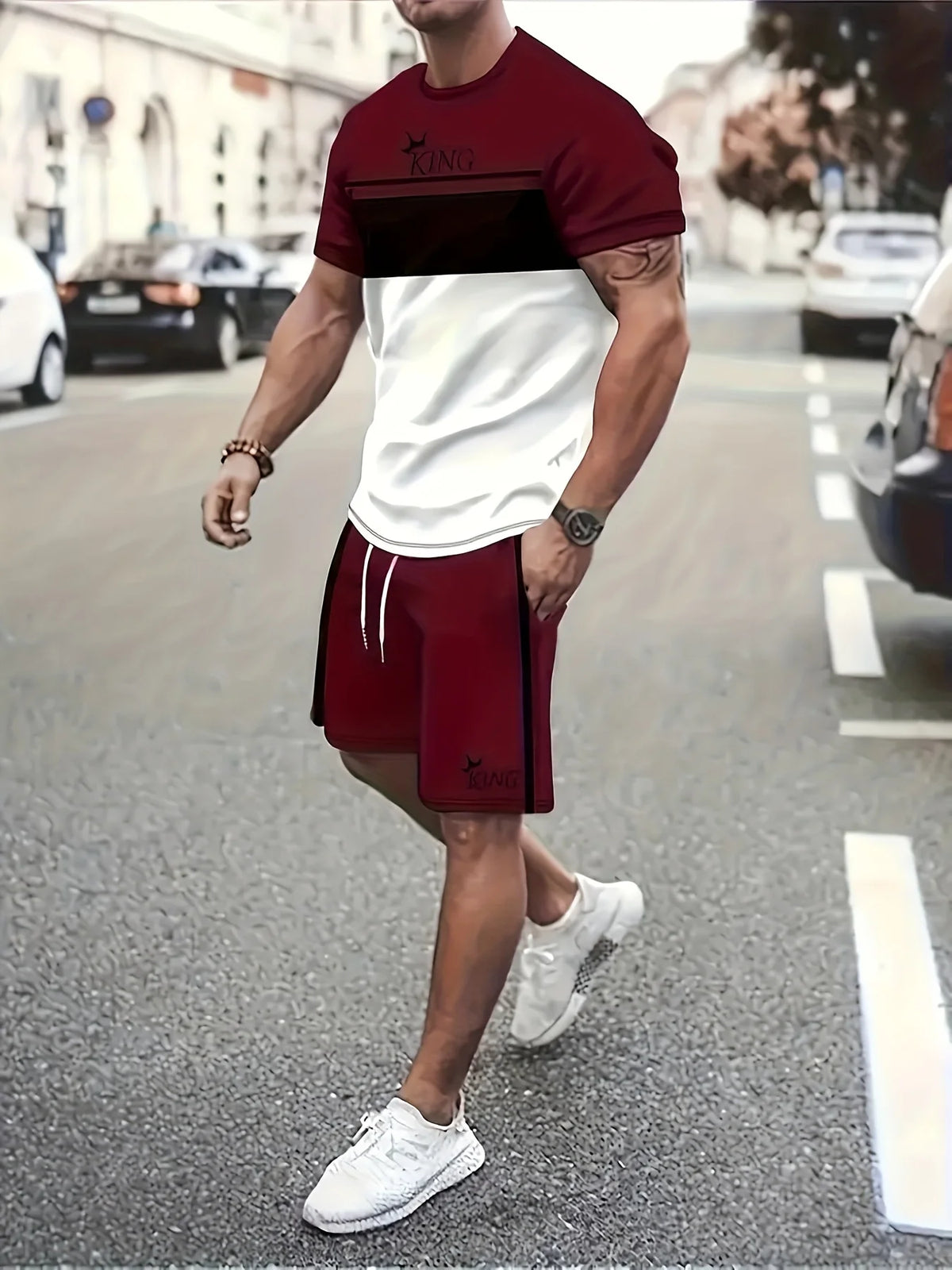 Summer New Arrival Men's Casual Two-Piece Set Striped Print Short-Sleeve Shirt and Athletic Shorts Set Men's Fitness Set