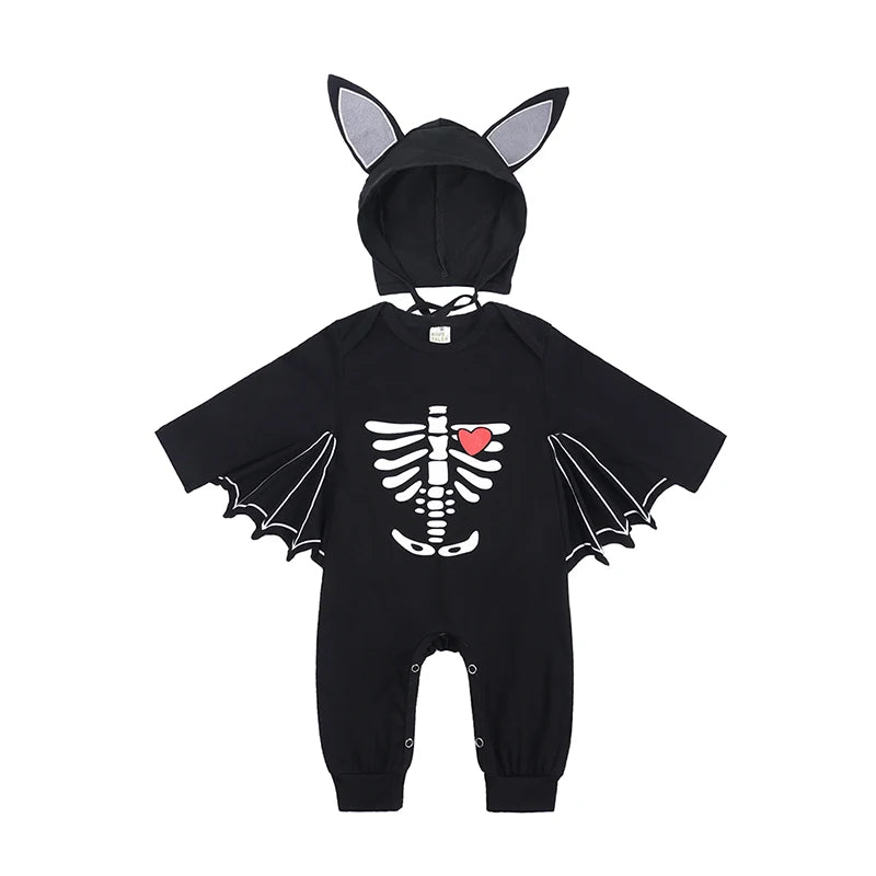 Halloween Baby Clothes Bat Costume Cotton Newborn Rompers Long-Sleeve New Born Outfits Black Jumpsuit with 3D Wings & Eared Hat