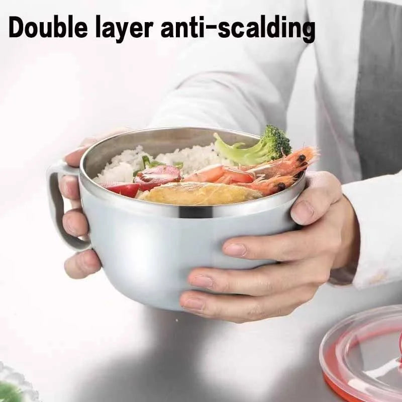 Portable Stainless Steel with Lid Instant Noodle Bowl Double Insulated Anti-scald Lunch Box Kitchen Supplies