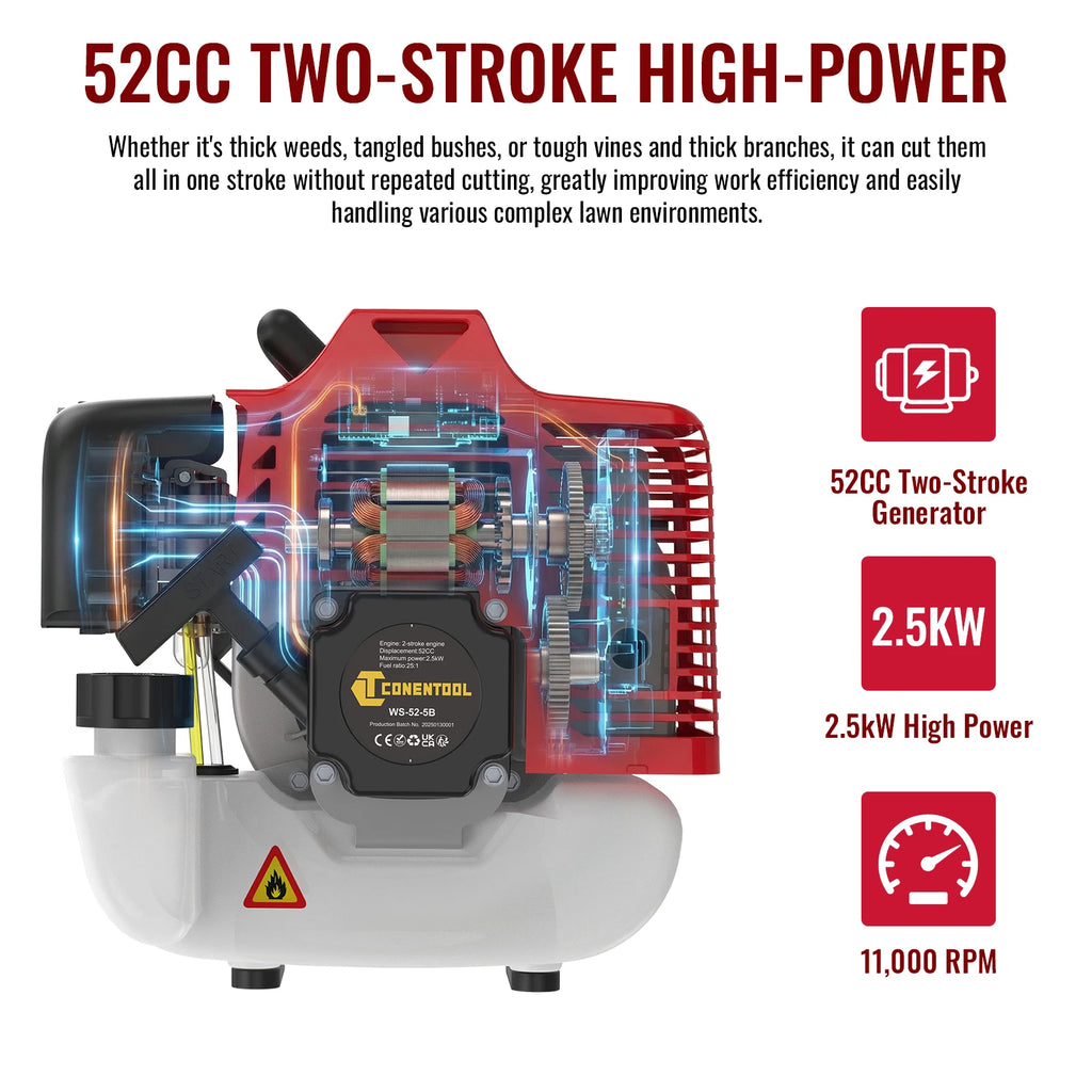 Conentool 11000RPM 52CC Petrol Brush Cutter 5 in 1 Handheld Garden Grass Trimmer 2 Stroke Hedge Trimmer Chainsaw Tool