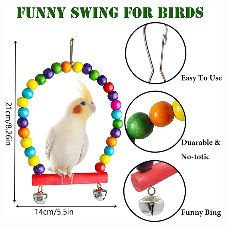 7pcs Wood Parrot Toy Pack Bird Cage Accessories Swing Suspension Bridge Ball Cage Bells Pet Supplies Set