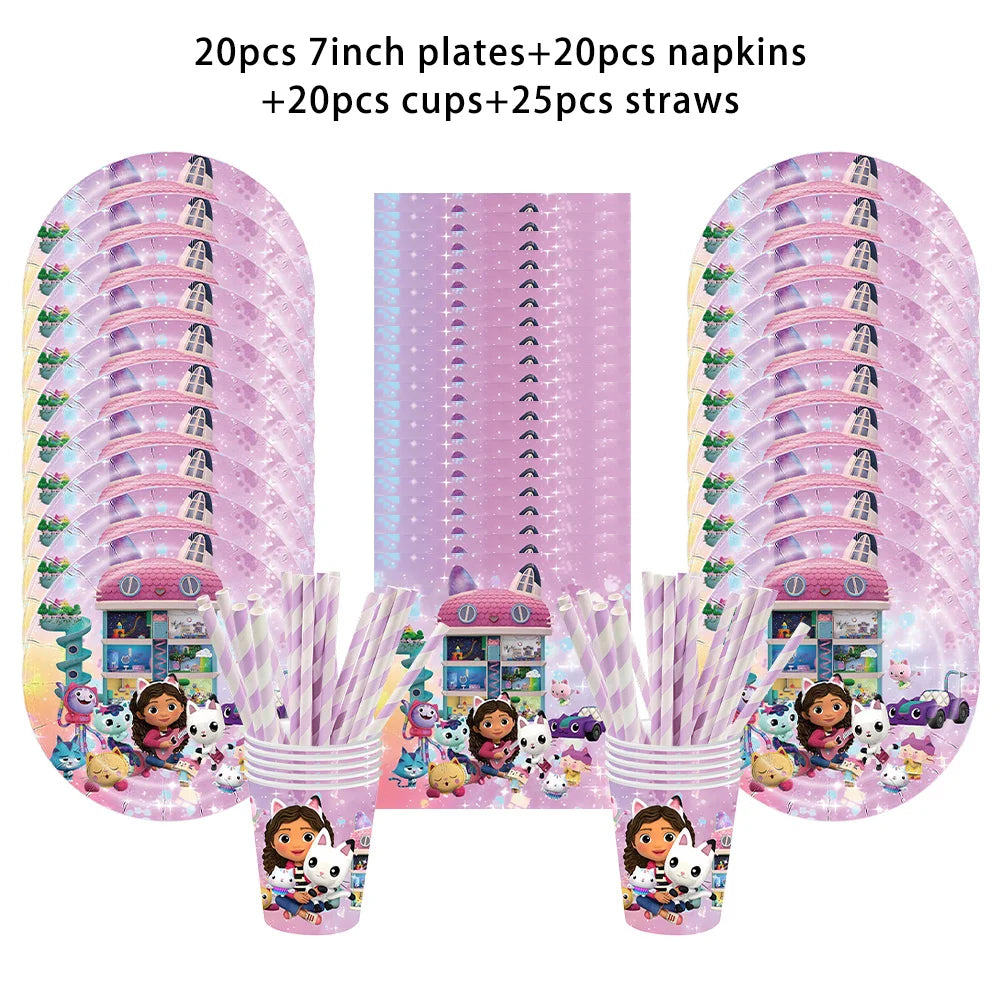 Pink Gabby Dollhouse Birthday Tableware Cat Girls Disposable Plates Cups Napkins Kids Girls Birthday Party Baby Shower Decor