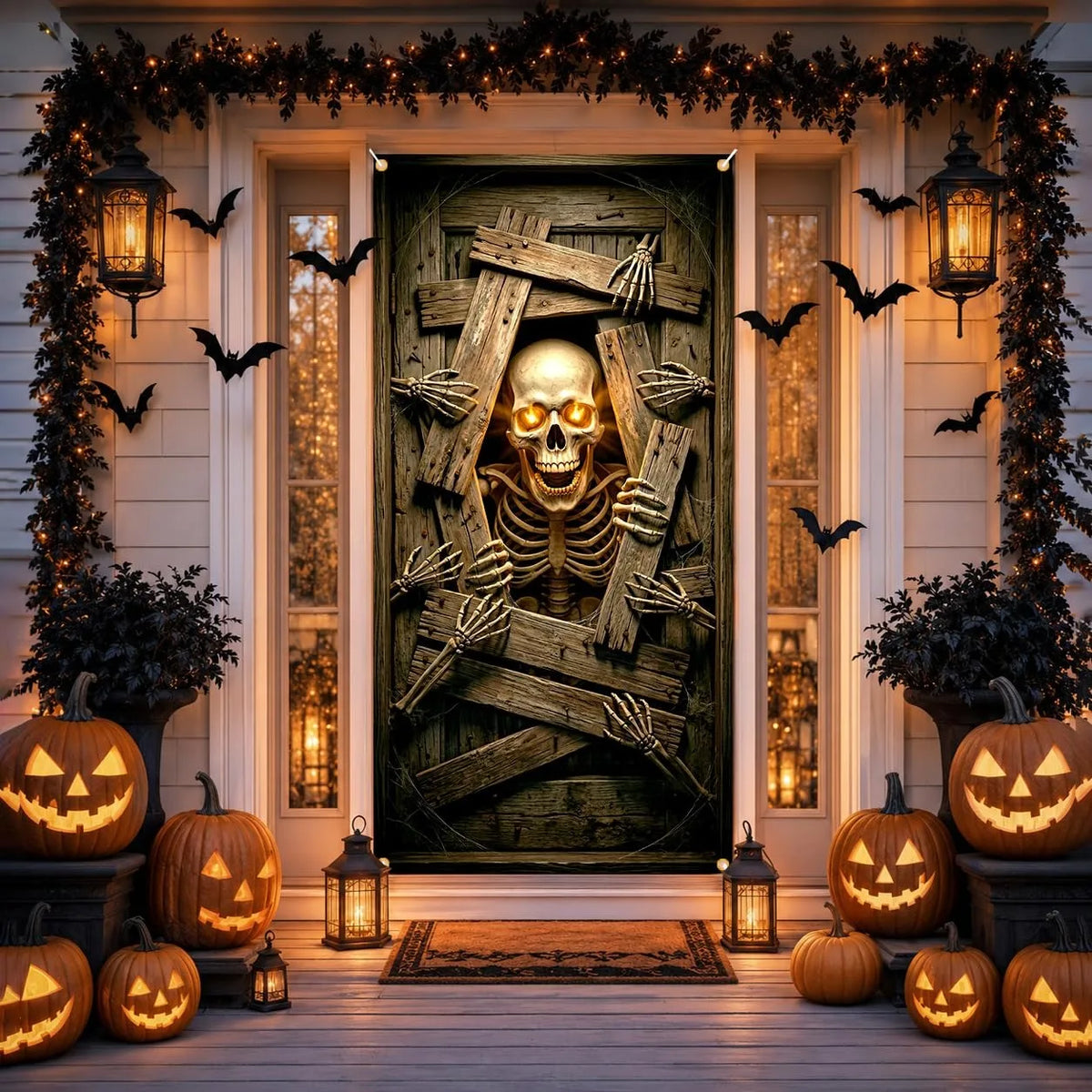Halloween Glowing Eyes Skeleton Door Banner Creepy Broken Wood Horror Door Decor Indoor Outdoor Party Photo Hanging  Decoration
