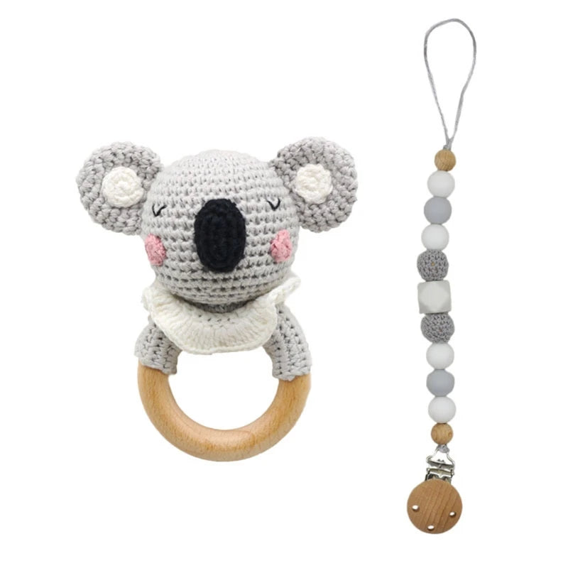 Crochet Koala Pacifier Clip, Handbell Rattle, Teether Doll, Pacifier Chain Clip Set, Cartoon Teething Toy