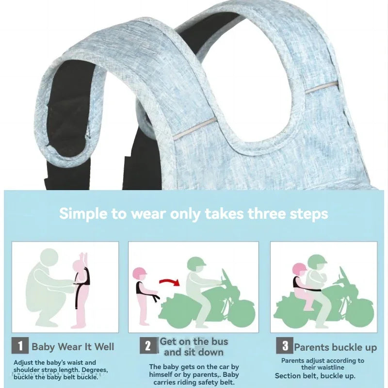 Cintura di sicurezza per moto per bambini con borsa, spallacci regolabili e traspiranti, cintura di sicurezza per sedile moto per bambini