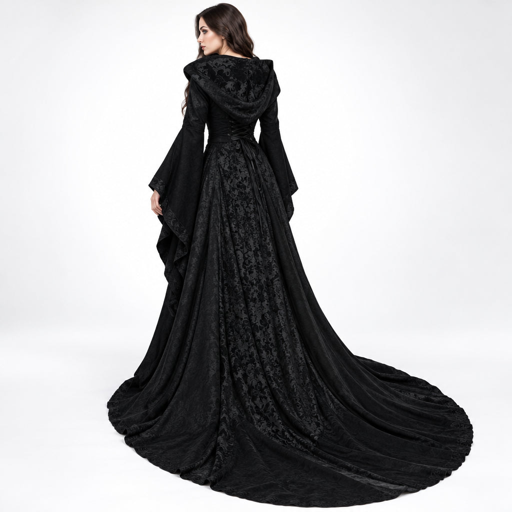 Halloween Cosplay Women's Luxury Witch Hooded Dress Costumes Retro Embroidered Renaissance Gothic Wedding Floor Length Dress