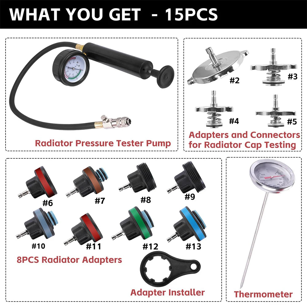 13Pcs Universal Radiator Pressure Tester and Pieces Radiator Pressure Tester With Coolant Replacement System Water Tank Detection Tool For Test The Leakage In The Radiator System, Replace The Coolant And Remove Air Bub