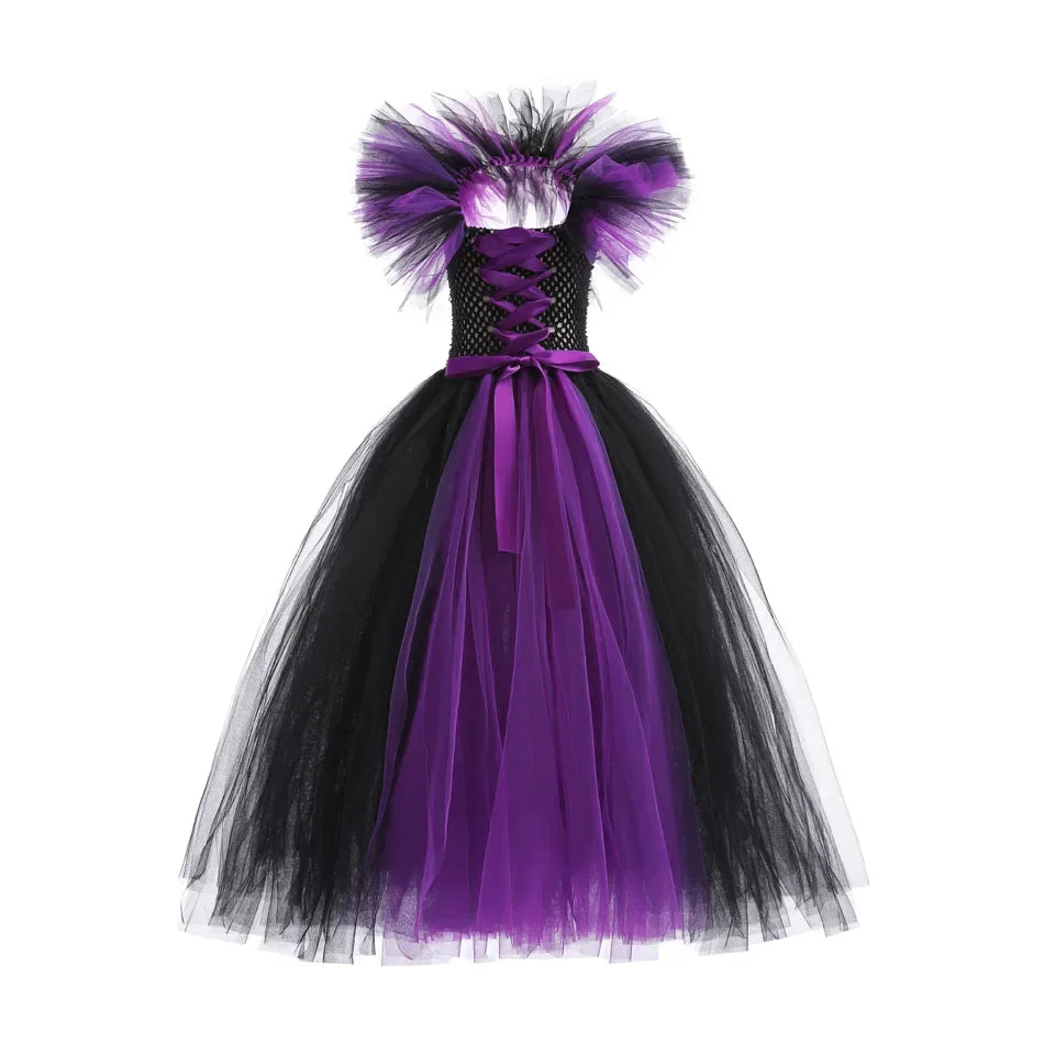 Halloween Costume For Kids Black Purple Witch Dress Luxury Lace Evil Role Playing Costume Maleficent Dress Up Outfit Tulle Dress