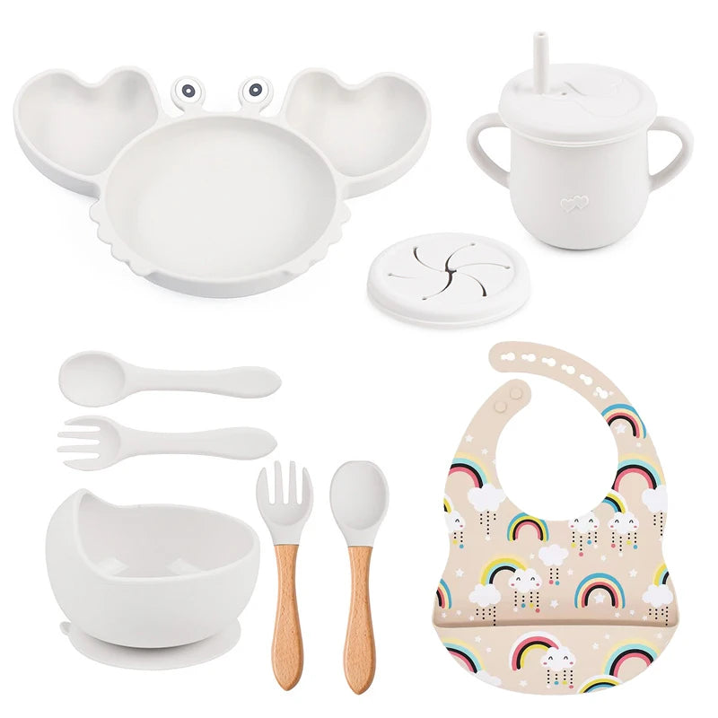 9Pcs Baby Silicone Non-Slip Suction Bowl Plate Spoon Waterproof Bib Cup Set, Baby Crab Dishes, Food Feeding Bowl for Kids, BPA Free