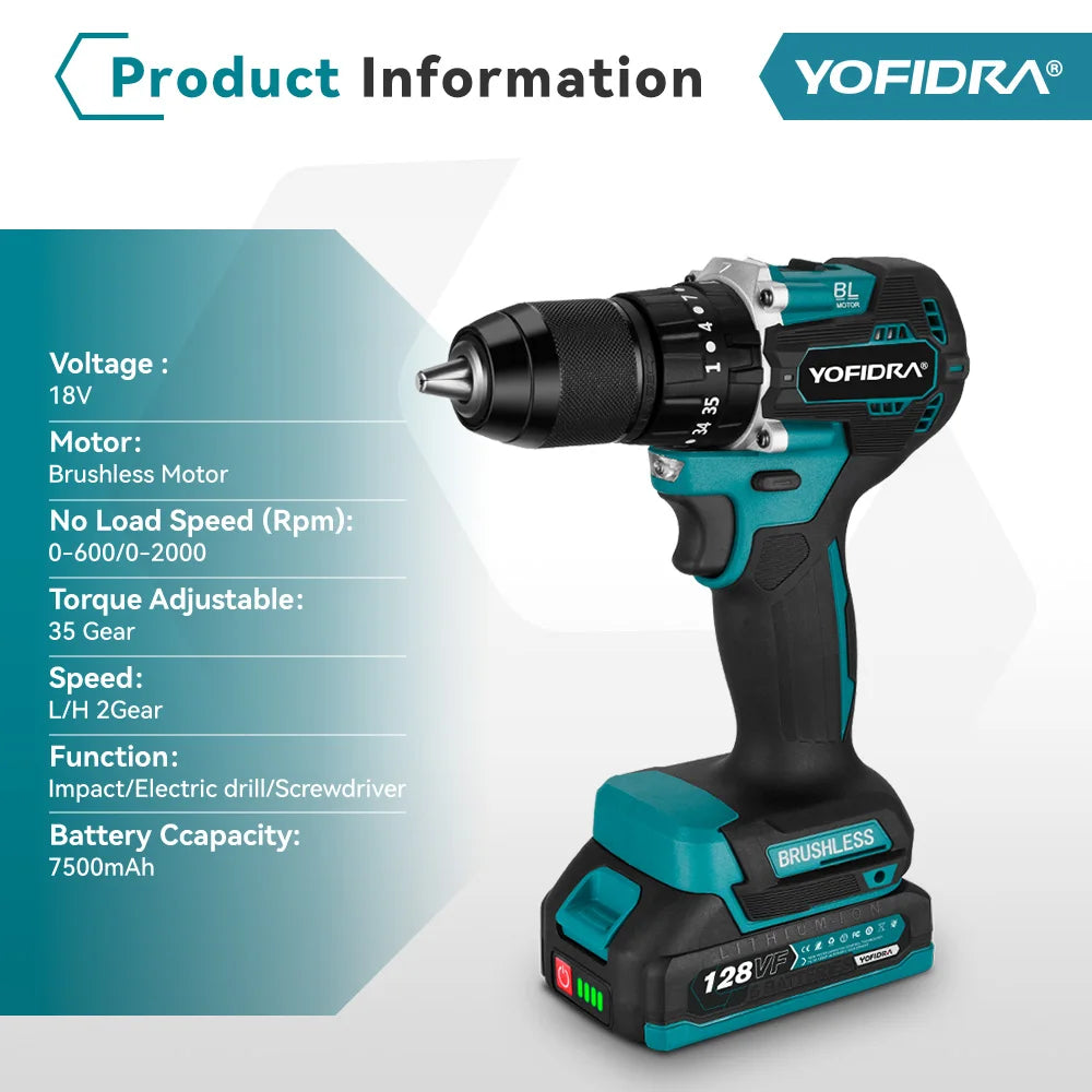 YOFIDRA 13MM 35+3 Torque Brushless Electric Impact Drill Cordless Electric Screwdriver Power Tool For Makita 18V Battery Pin