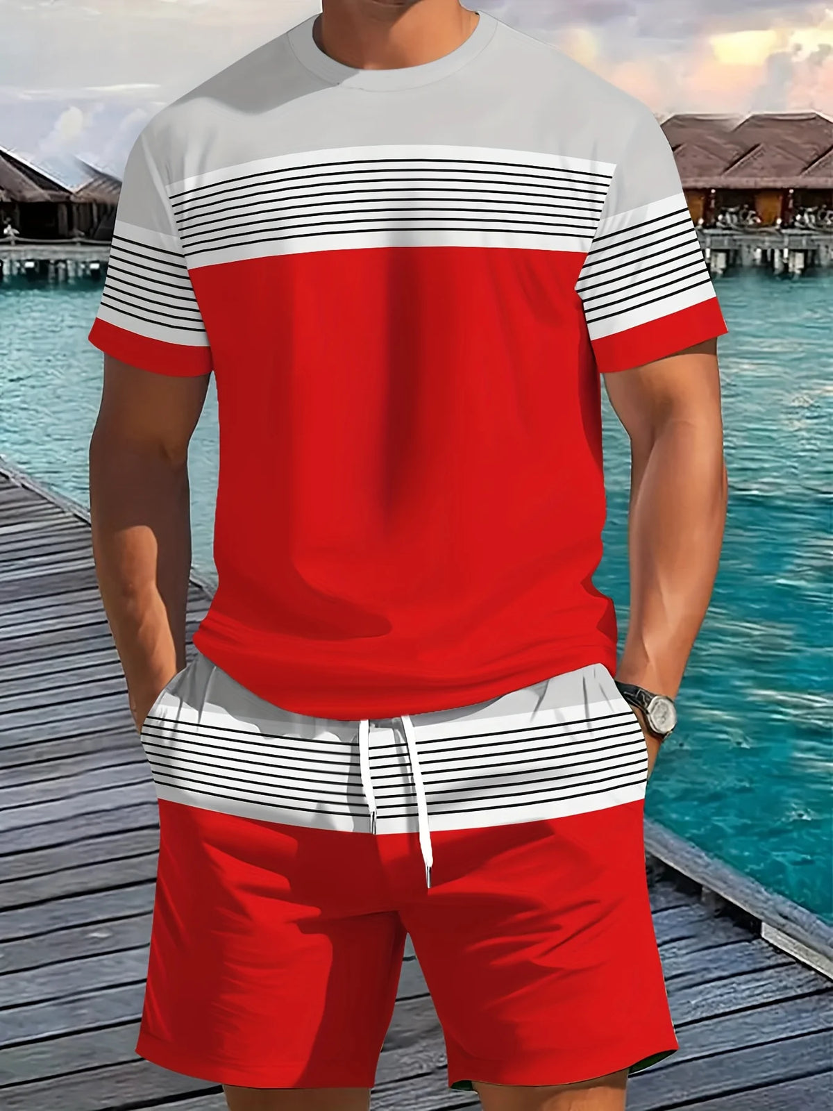 Summer New Arrival Men's Casual Two-Piece Set Striped Print Short-Sleeve Shirt and Athletic Shorts Set Men's Fitness Set