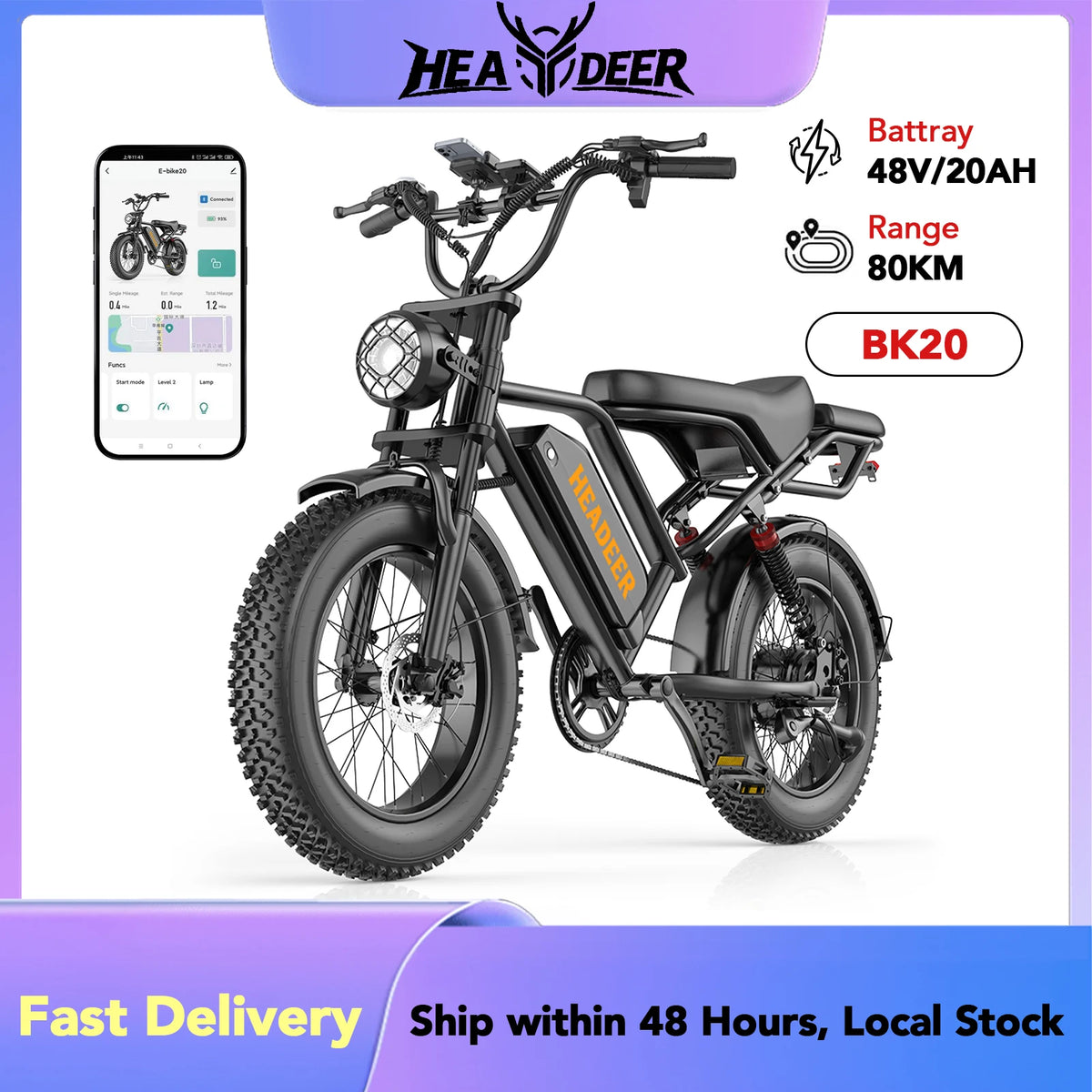 Bicicletta Elettrica HEADEER BK20 con Batteria al Litio 48V20Ah, Autonomia Massima 80Km, Pneumatici Fat da 20 Pollici per Fuoristrada, E-Bike All-Terrain con APP