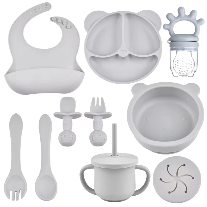 9PCS/Set BPA-Free Silicone Baby Feeding Set: Suction Bowl, Divided Dining Plate, Straw Cup, Spoon, Fork, and Adjustable Bib, Children's Dishware