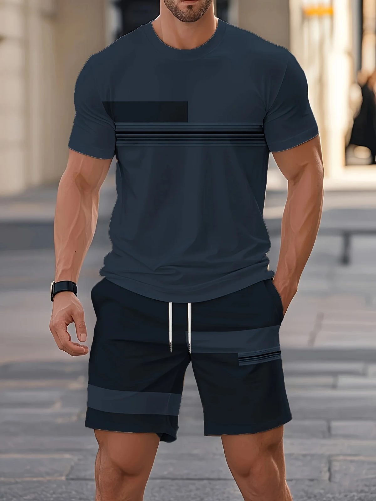 Summer New Arrival Men's Casual Two-Piece Set Striped Print Short-Sleeve Shirt and Athletic Shorts Set Men's Fitness Set
