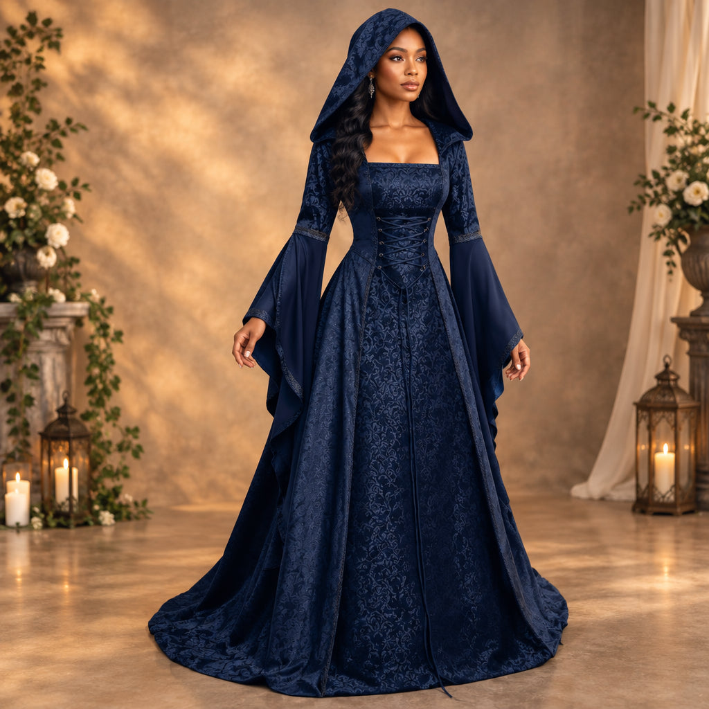 Halloween Cosplay Women's Luxury Witch Hooded Dress Costumes Retro Embroidered Renaissance Gothic Wedding Floor Length Dress