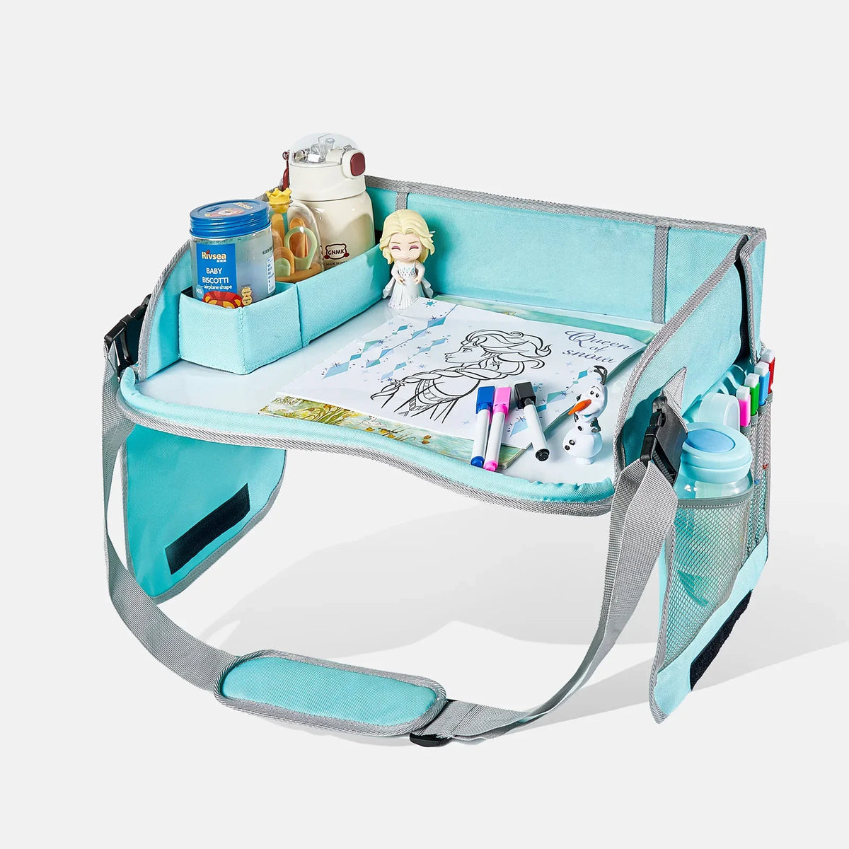 Tavolo da viaggio portatile per seggiolino auto per bambini, vassoio impermeabile per giochi, snack e disegno, organizer con spazio di archiviazione
