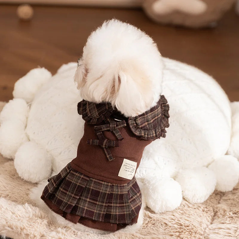 Autumn and Winter Pet Plaid Couple Outfit Thin Dress Hoodie Cat Teddy Jacket Dog Dresses for Small Dogs Puppy Clothes