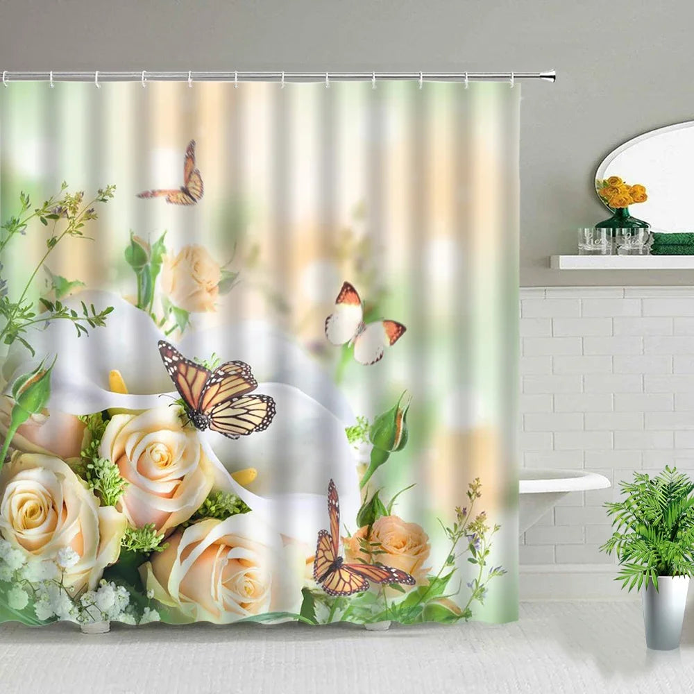 Rose Butterfly White Flower Shower Curtain Floral Print Waterproof Polyester Bathroom Curtain Fabric For Bathtub Decoration