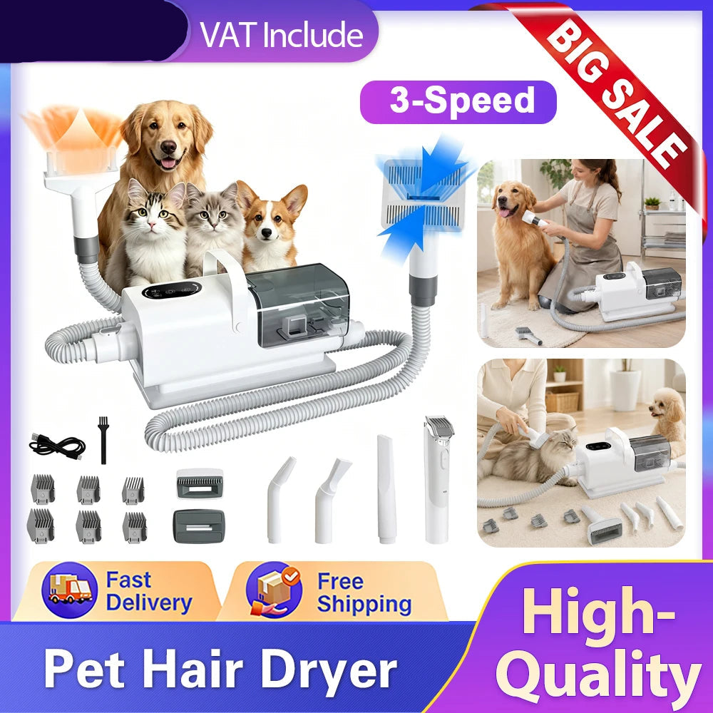 8 in1 Pet Grooming Vacuum&Dryer Kit 2.2L Dust Cup Multifunctional Pet Grooming Vacuum Kit 3-Speed Dog Hair Vacuum Cleaner with Suction,Low Noise Cat Dog Grooming Kit with Electric Clippers,Blow Dryer&15-Piece Tools