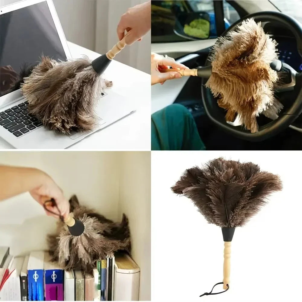 Ostrich Feather Duster with Wooden Handle Anti-static Dust Removal Brush for Home Office Furniture Daily Cleaning Tools