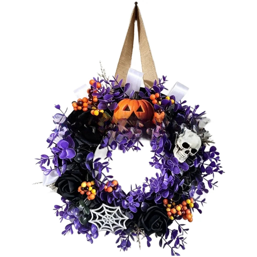 Halloween Themed Party Wall Home Decor Black Purple Artificial Flower Wreath Front Door Indoor Outdoor Hanging Holiday Accessory