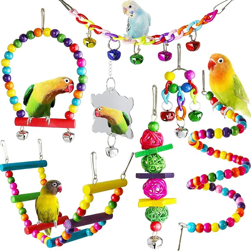 7pcs Wood Parrot Toy Pack Bird Cage Accessories Swing Suspension Bridge Ball Cage Bells Pet Supplies Set