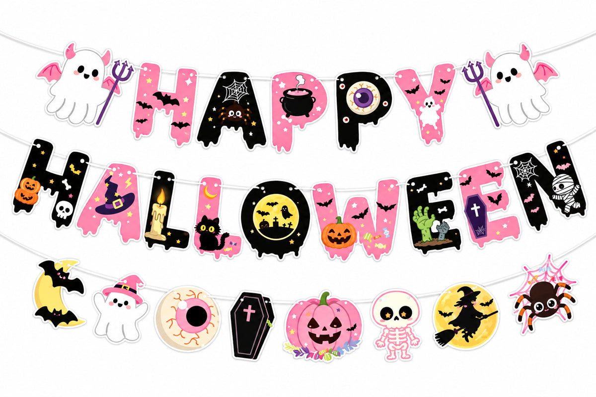 Halloween Party Decor Set Happy Pumpkin Banner Hanging Swirls Cake Topper Witch Ghost Castle Home Halloween Ornaments Supplies