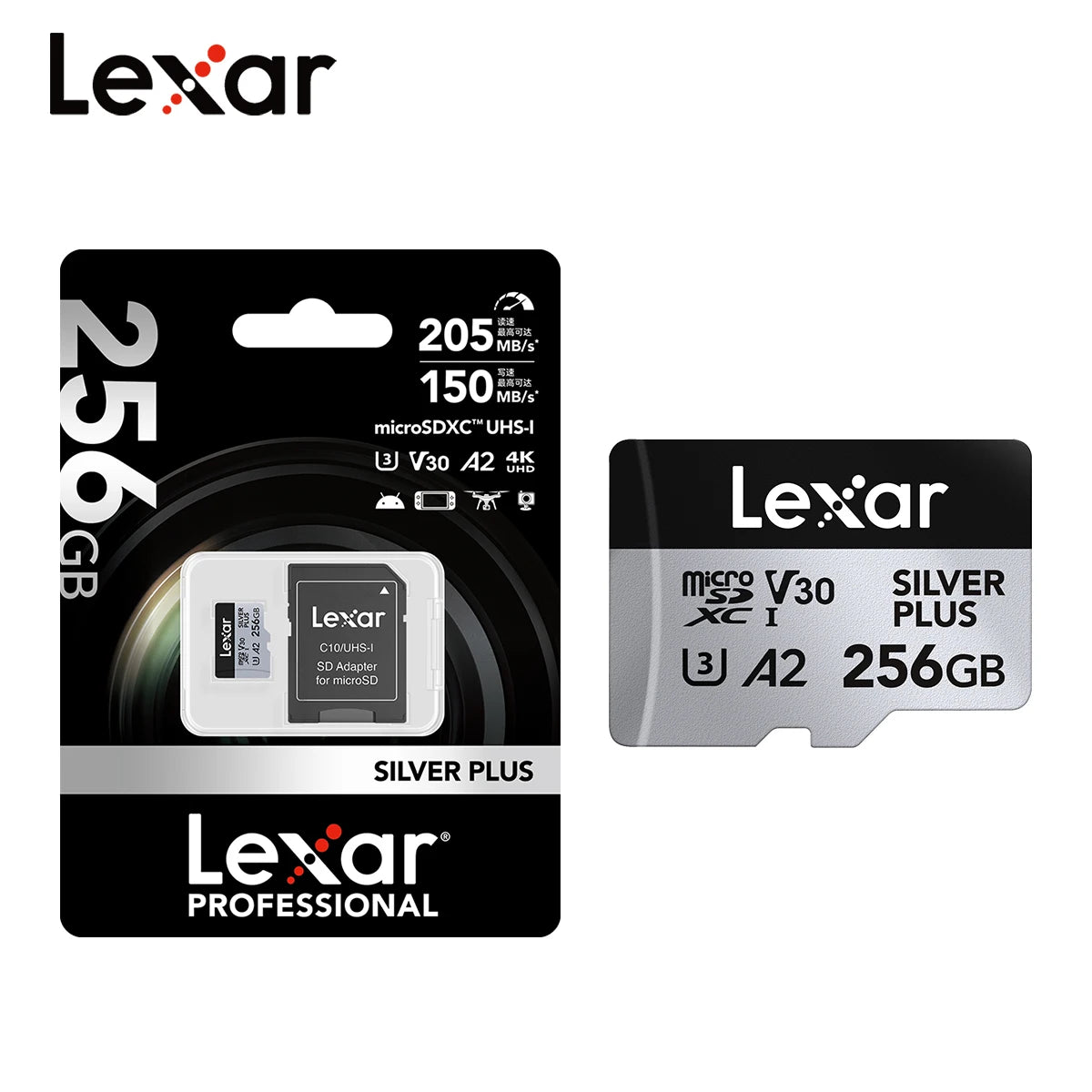 Lexar SILVER PLUS Memory Card 64GB 128GB 256GB Read Speed Up To 205mb/s A2 V30 4K UHD TF 1366x Card Professional Micro SD Card