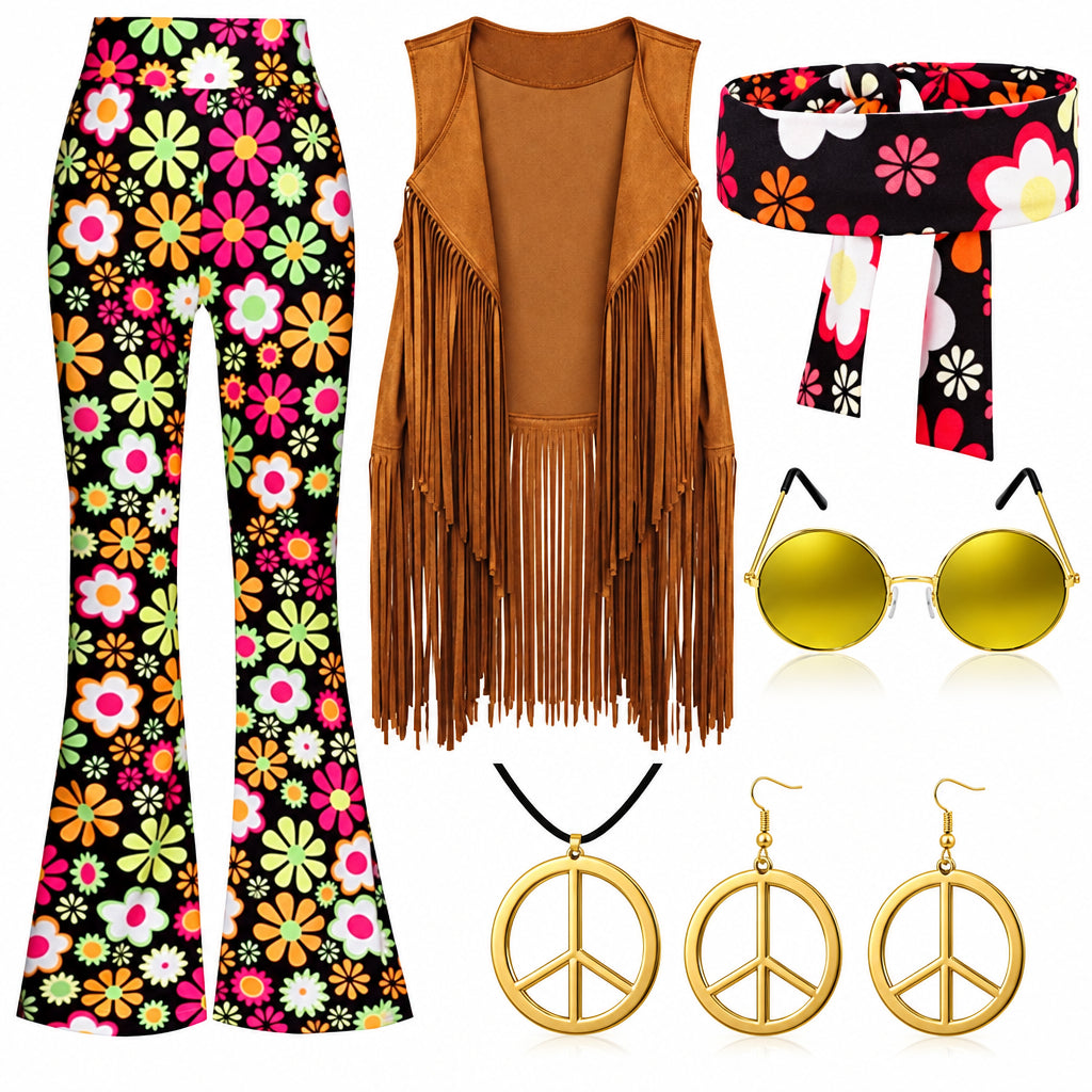 Halloween Hippie Costume Women's Set for Carnival 70s Clothing Accessories Six-Piece Set Tassel Vest+Pants+Headband Set