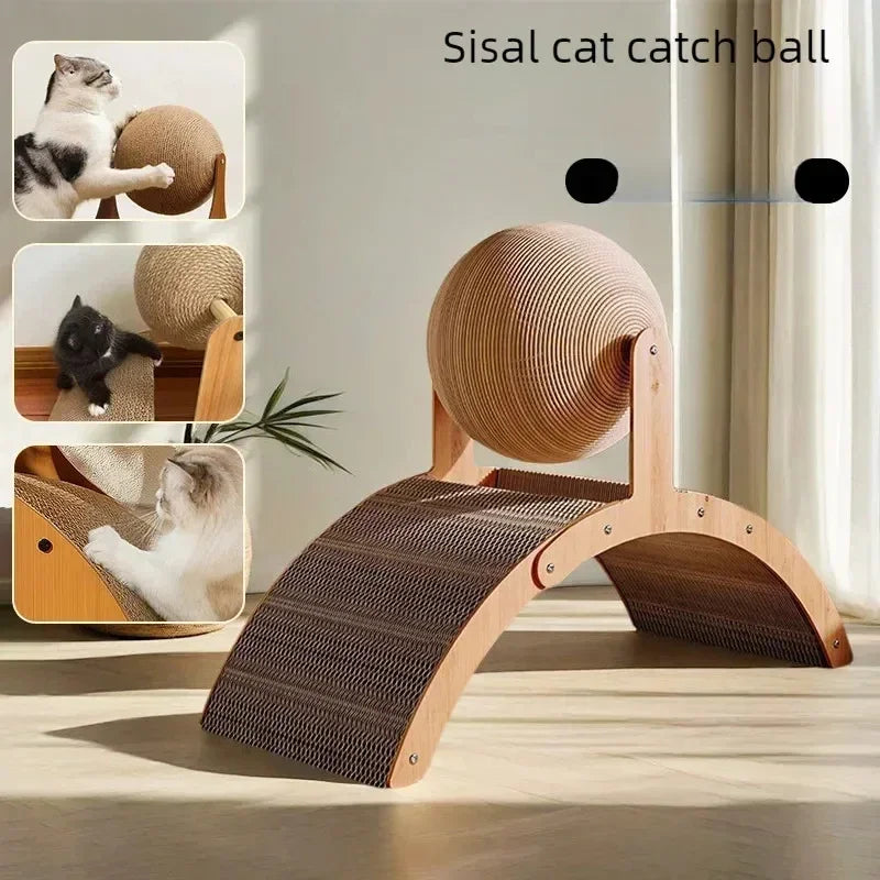 2 In 1 Cat Scratching Ball Wooden Cat Scratcher  Natural Sisal Scratch Board Scratching Column Wear-Resistant Paw Wood Scraper
