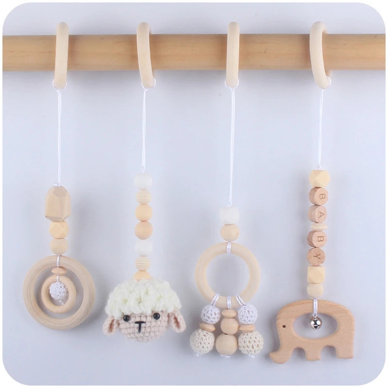 4 Pcs Beech Wood Baby Play Gym Frame Newborn Activity Fitness Rack Hanging Pendants Toys Crochet Rattle Teether Kids Room Decor