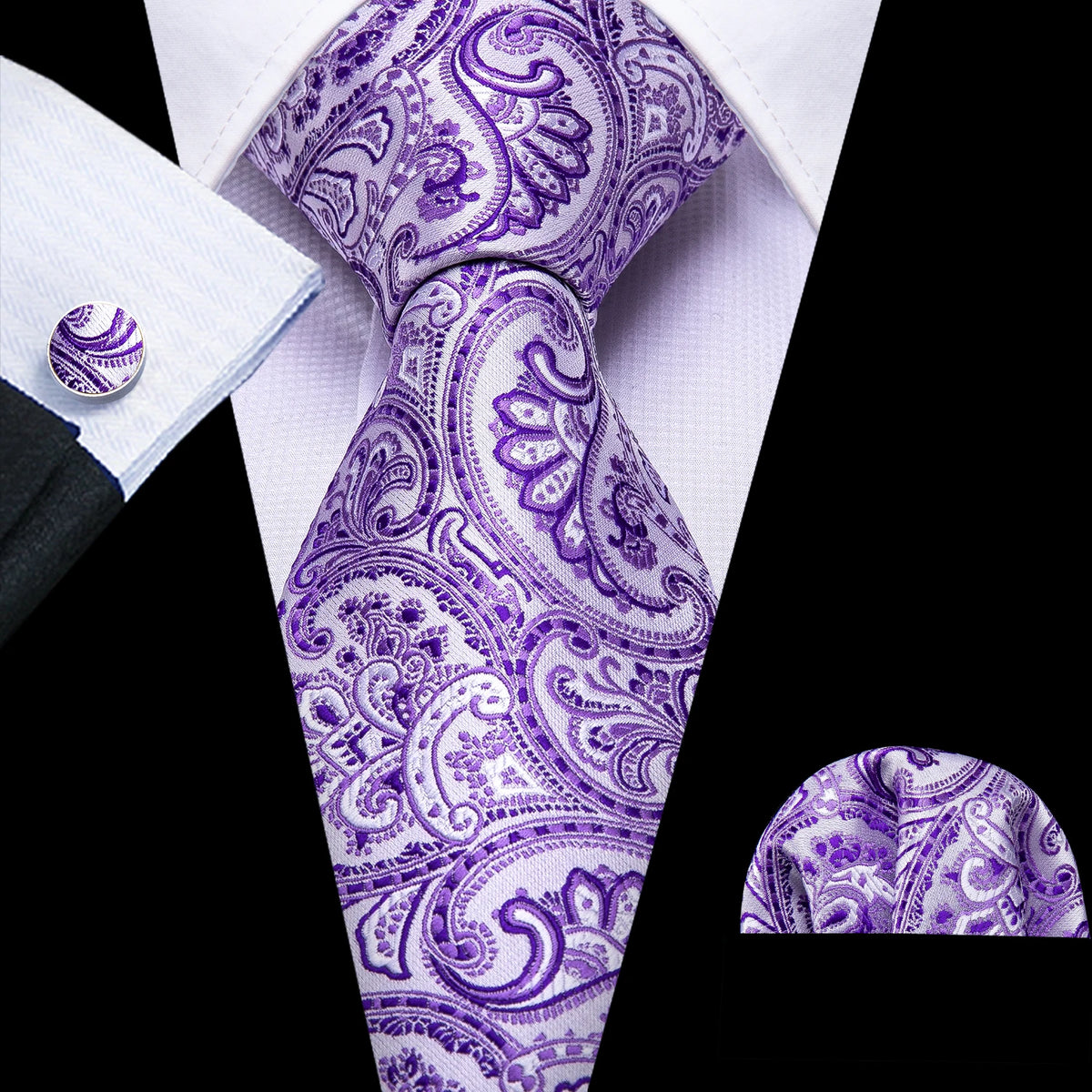 Male Gift Men Tie Set Purple Violet Solid Paisley Striped Wedding Business Tie for Man Necktie Handky Cufflinks Barry.Wang