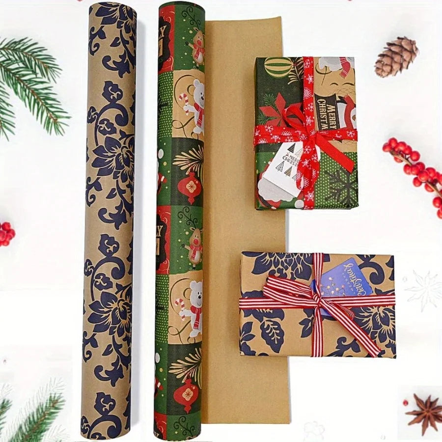 Christmas Wrapping Paper Roll - Festive Kraft Paper with Snowflake, Tree, and Ornament Patterns, Ideal for Holiday Gift Wrapping