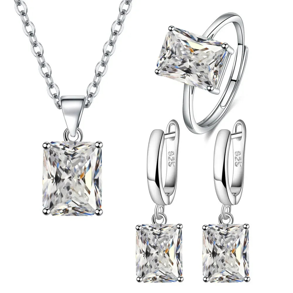 925 Sterling Silver  Elegant Jewelry Sets Ring Earrings Necklace For Women Rectangle Geometry Zircon Wedding Accessories