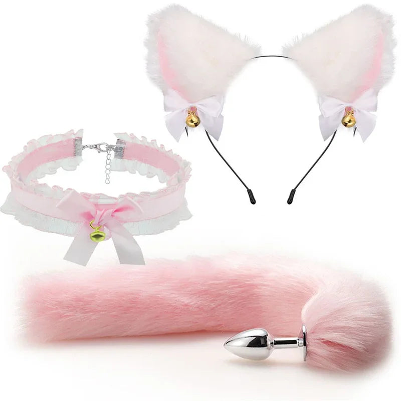 NEW 3pcs Halloween Party Cos Plush Animal Ear Animal Tail Suit Fox Ear Wolf Ear Headband Tail Accessories Cat Head Bell Collar