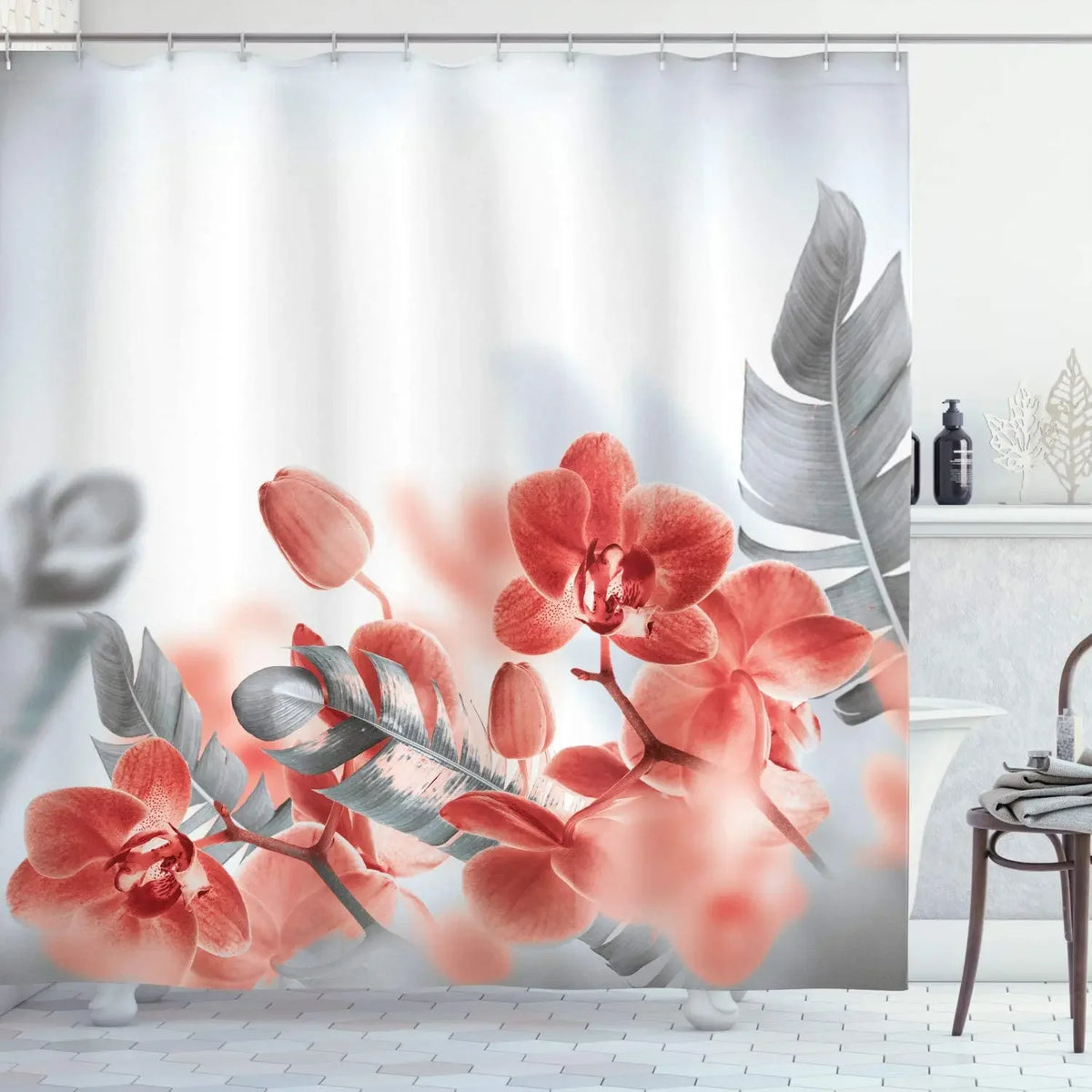 Rose Butterfly White Flower Shower Curtain Floral Print Waterproof Polyester Bathroom Curtain Fabric For Bathtub Decoration